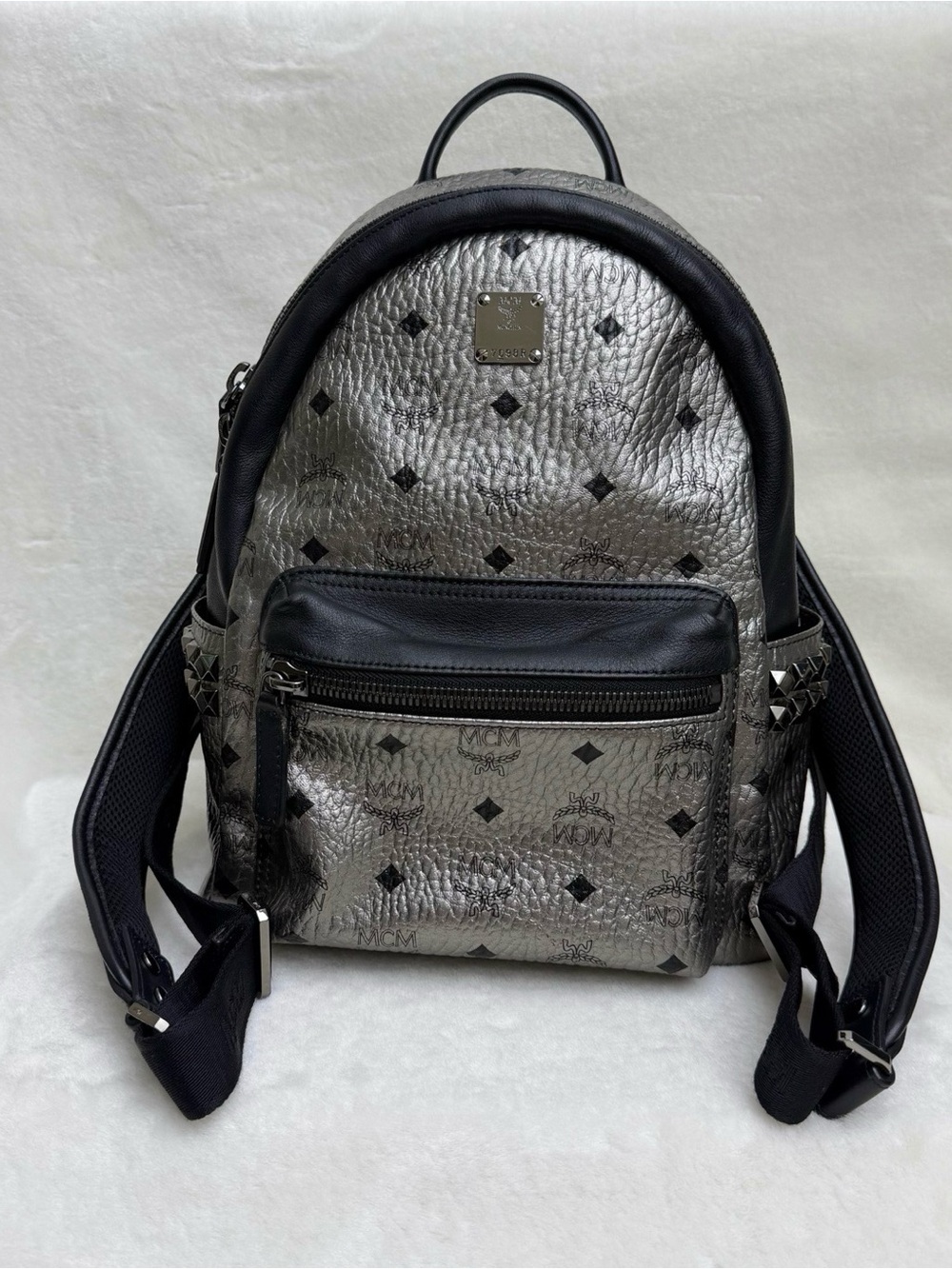MCM Metallic Silver and Black Small Leather Backpack
